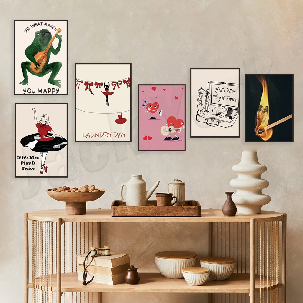 Music art, record player, retro vinyl poster, banjo frog, hug me romantic art, stylish vintage wine glass cheer aesthetic print
