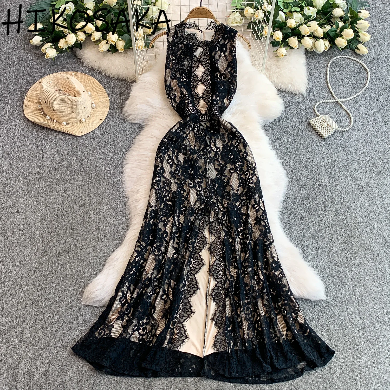 

Vintage O-neck Sleeveless Dress Women Slim Waist A-line Elegant Robe Female Fashion Office Lady Lace Temperament Vestidos