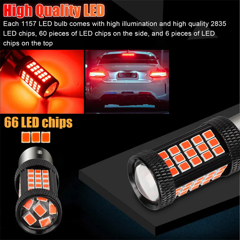 2PCS 1157 66LED Red Strobe Flashing Blinking 2835 SMD Brake Stop Tail Parking Light Bulbs