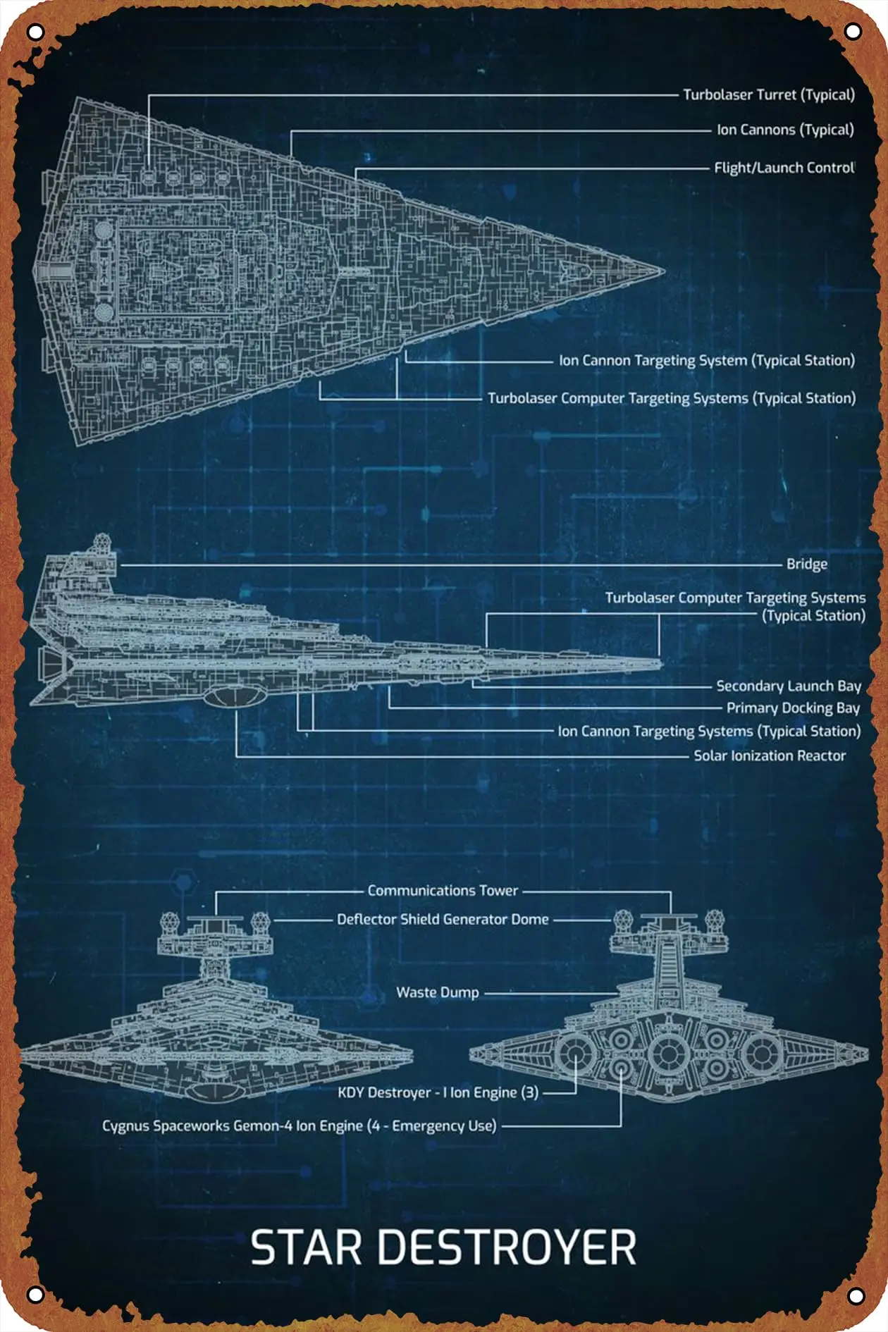 Star Destroyer Blueprint Movie Poster Tin Metal Sign Vintage Wall Plaque Decor 8x12 Inch