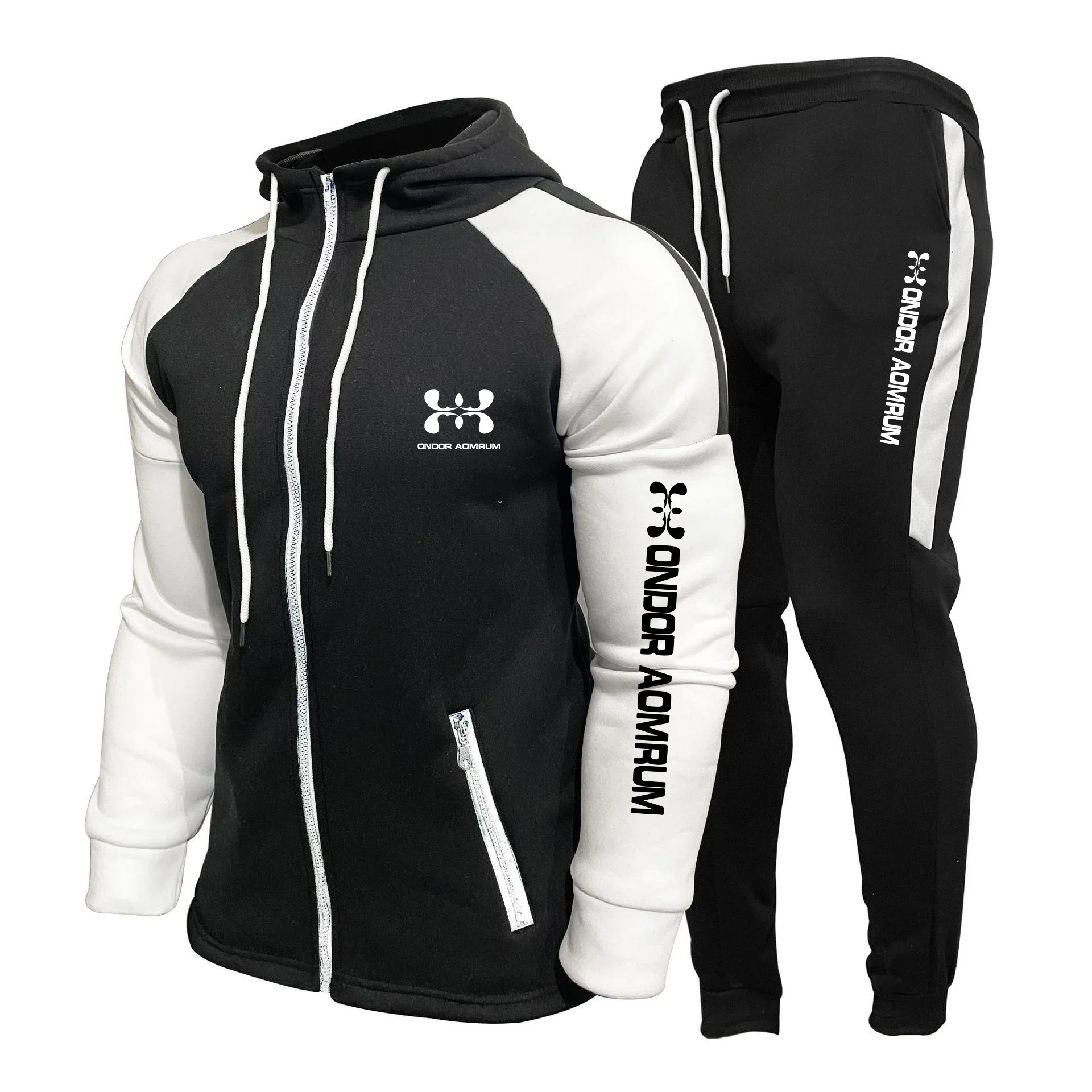 

2025 New Men's casual hooded long-sleeved sweatshirt set with fleece, comfortable cardigan and color-blocked sweatshirt