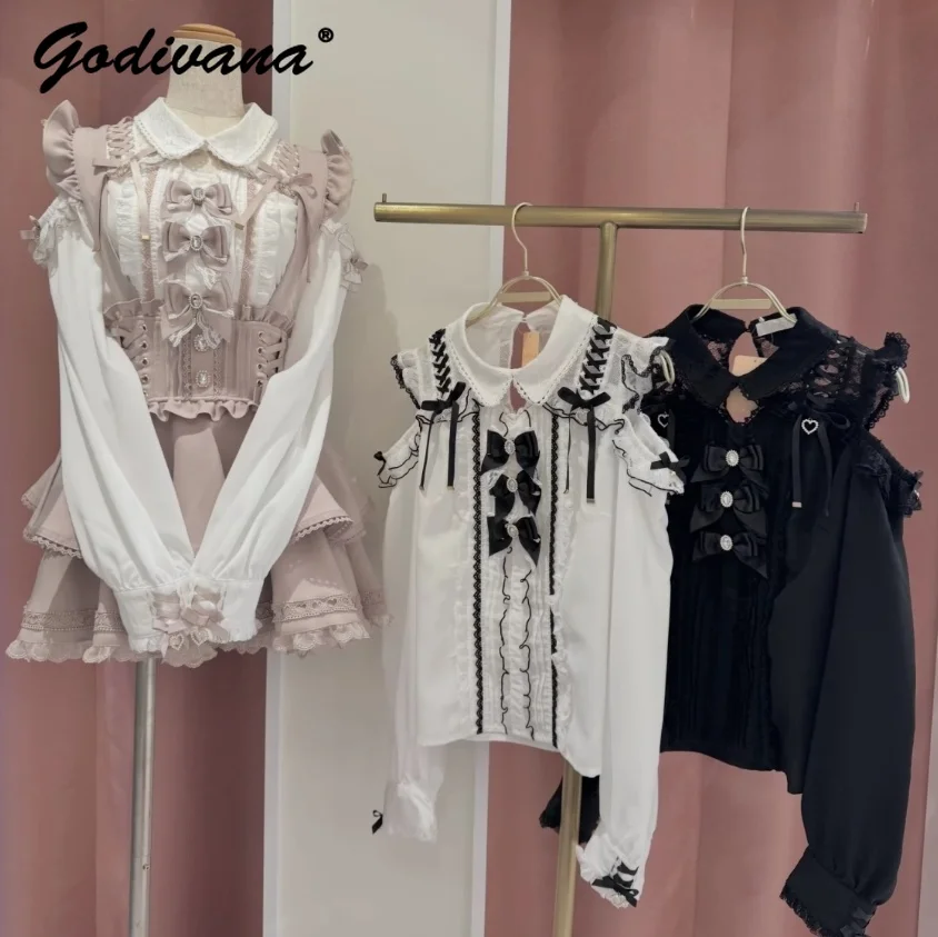 

New Spring Japanese Liz Sweet Cute 3 Bowknot Lolita Lace Patchwork Off-shoulder Shirt Girls Women's Lace-up Long Sleeve Blouses
