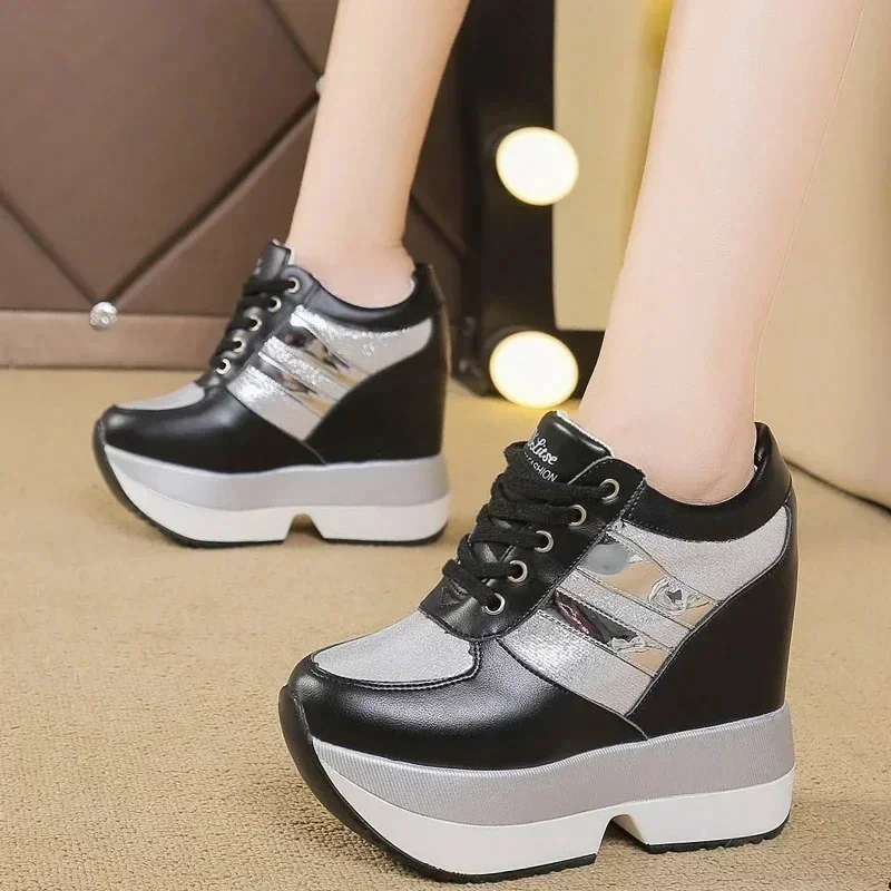 2023 Autumn Women High Platform Shoes Height Increasing Casual Shoes 12 CM Thick Sole Trainers Breathable Shoes Women Sneakers