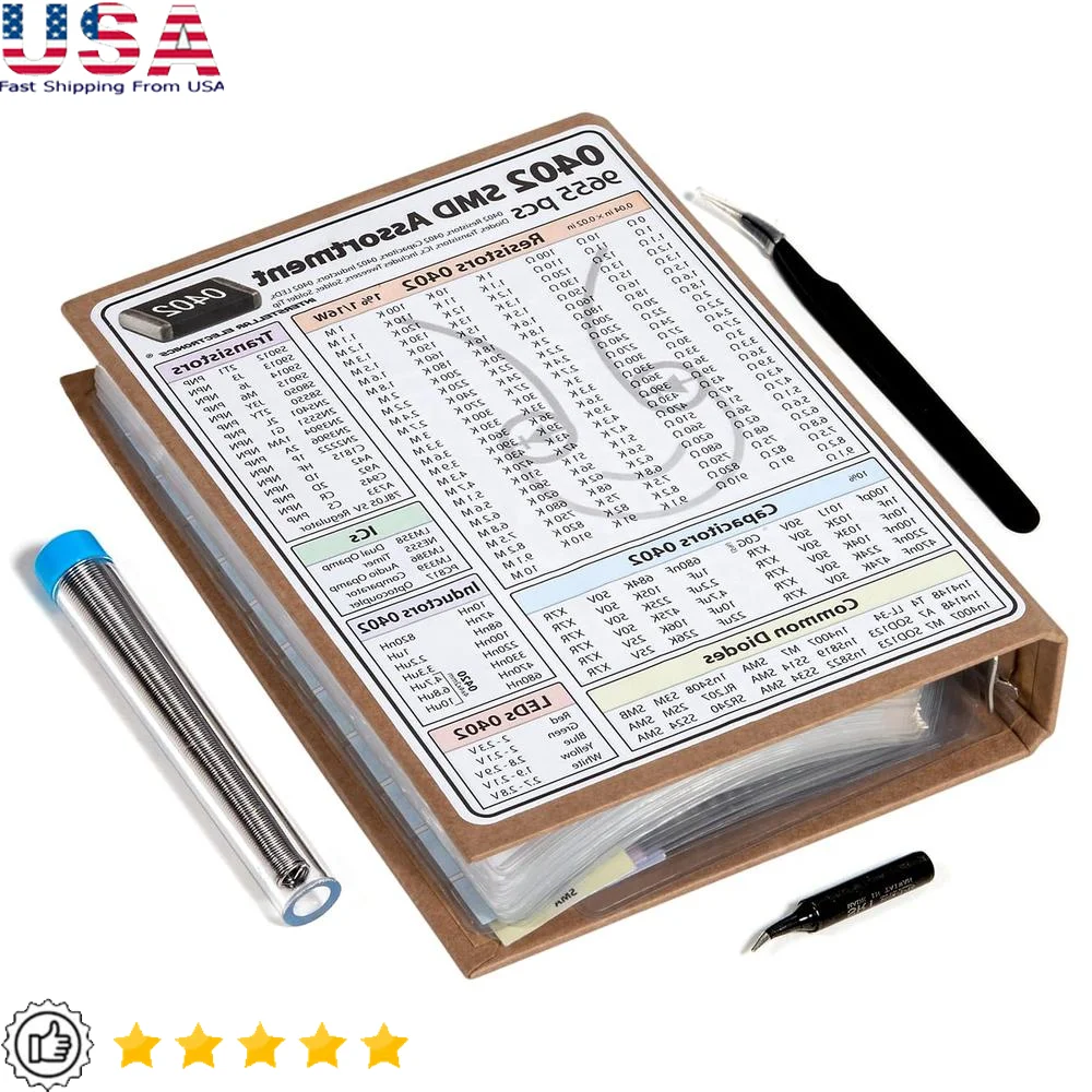

SMD 0402 Resistors Capacitors Transistors Diodes ICs LEDs Inductors Assortment Book 9655 pcs Electronic Components Kit
