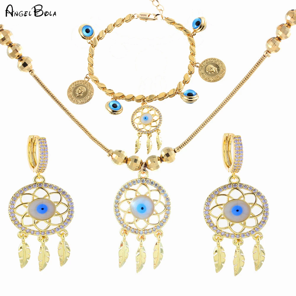 Classic Golden Dream Net Pendant Bohemian Necklace Earrings Bracelet Set Women Party Wedding Jewelry Wholesale