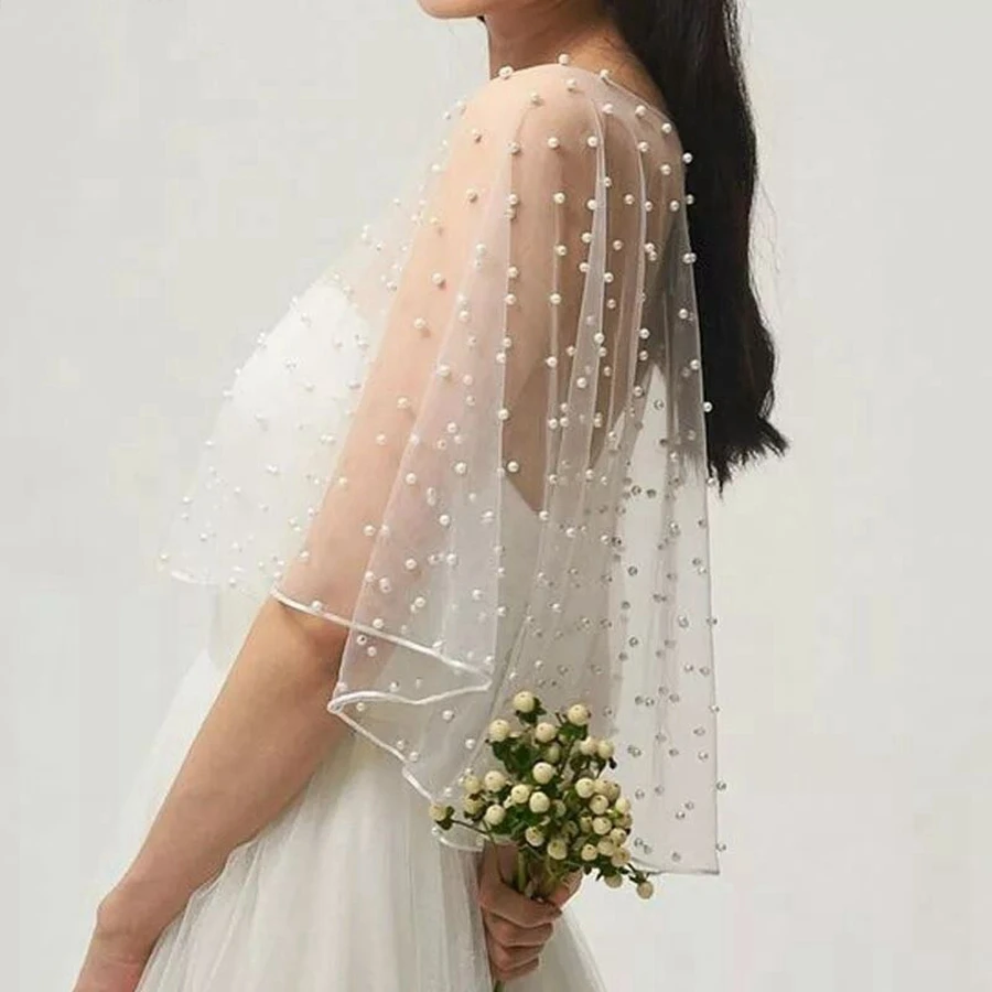 Womens Wedding Bridal Shawl Wrap Capelet See-Through Pearl Beads Jacket Bolero Tulle Cape Bridesmaid