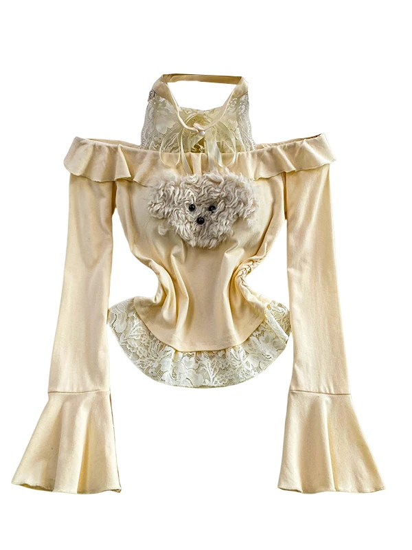 طقم نسائي من قطعتين: تي شيرت بياقة دانتيل مزين بتصميم كلب لطيف يظهر الشباب مع حشوة للصدر وتنورة قصيرة منفوشة