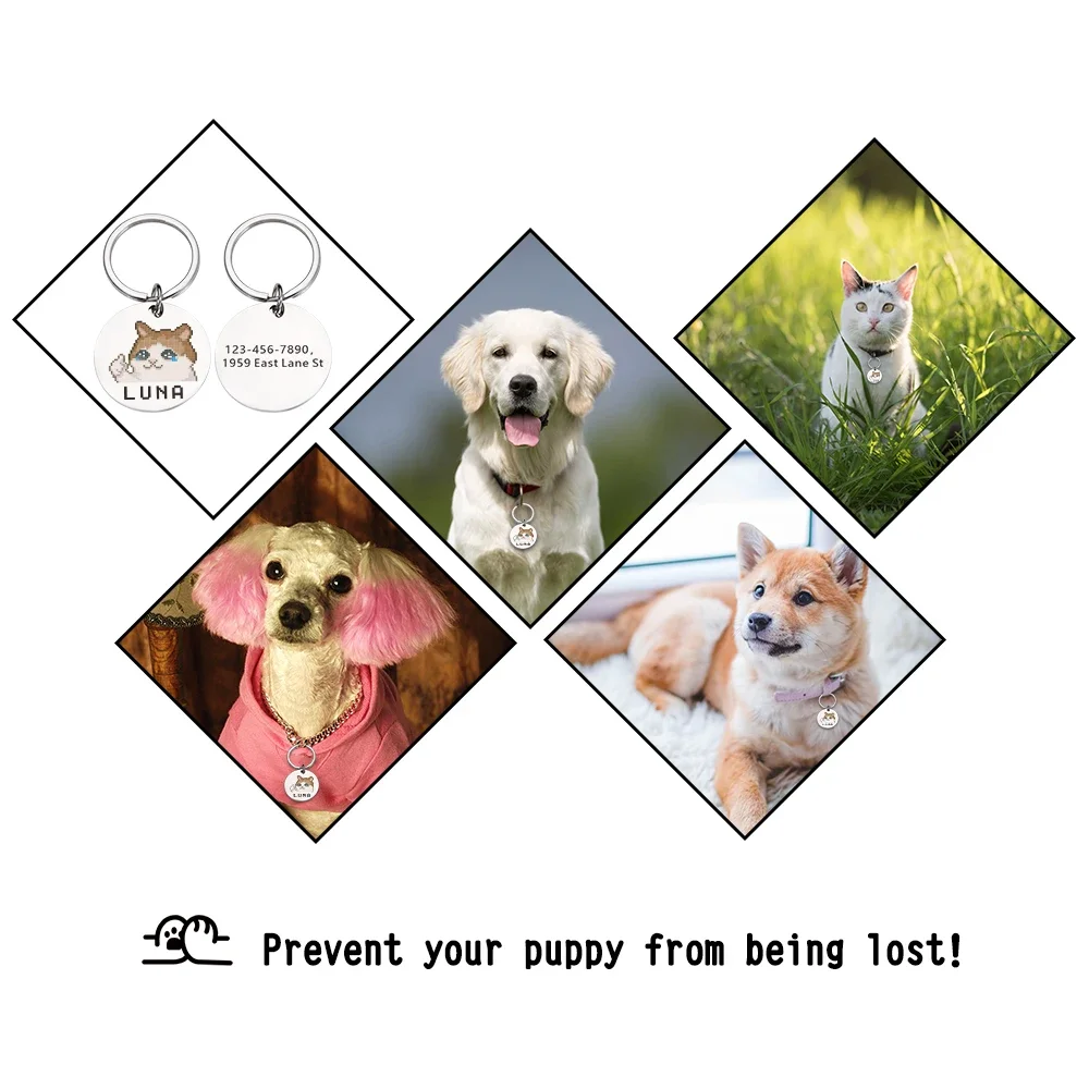 Personalized Pixel Cat Tags Stainless Steel Pendant Pet Nameplate Customized Pet ID Tag Print Puppy ID Collar Accessories