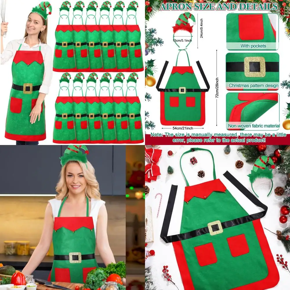 

Christmas Elf Apron Set with 12 Headbands for Adult Costumes, Women's Holiday Party Accessories