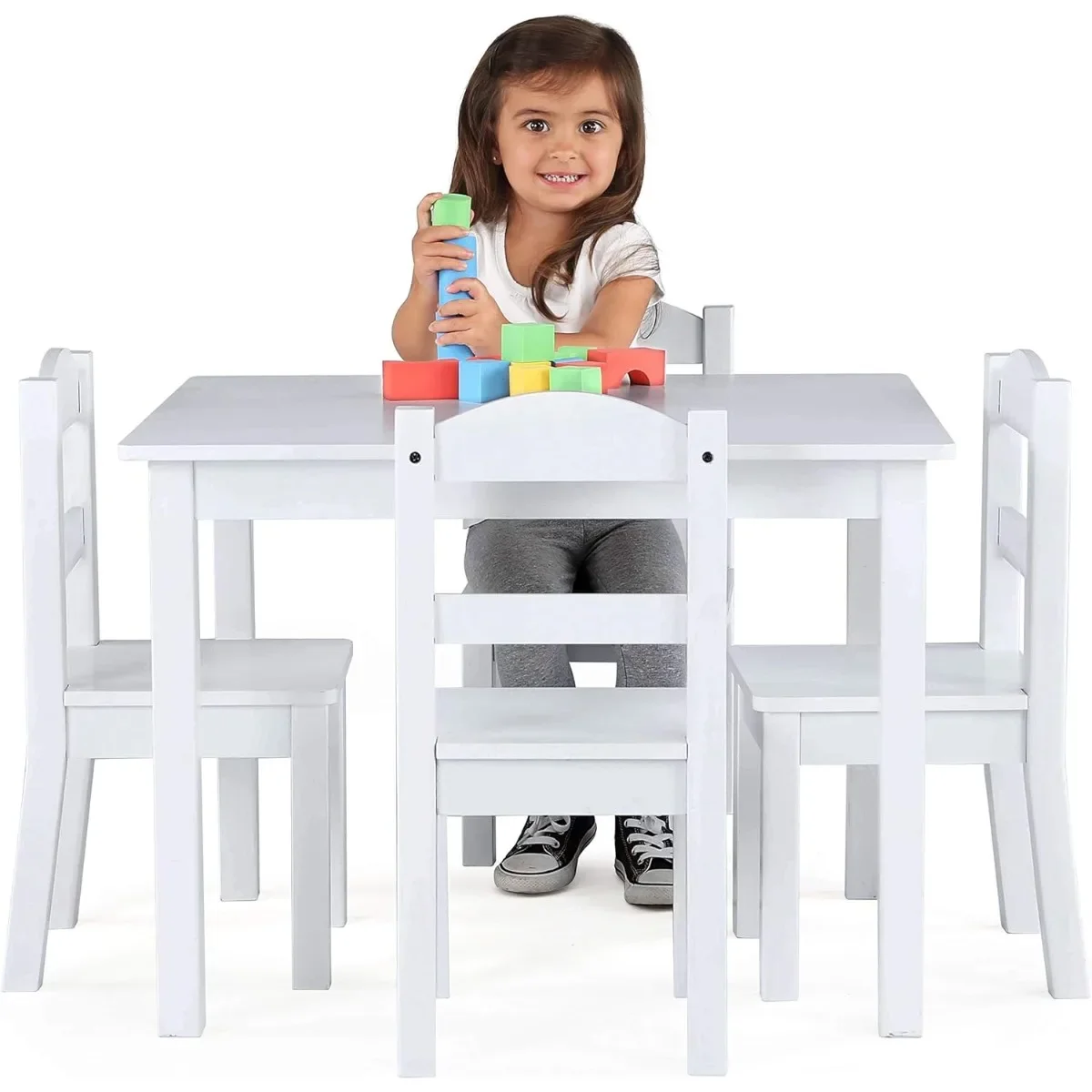 白い木製アートクラフトテーブル、子供用椅子4脚付き、幼児用お絵かきプレイデスクセット、子供の誕生日プレゼント、屋内用