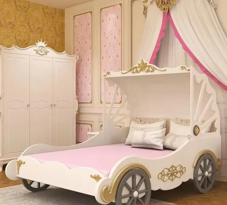 Customizable luxury children bed modern elegant princess carriage 1.5m solid wood kids' pink bed for girls