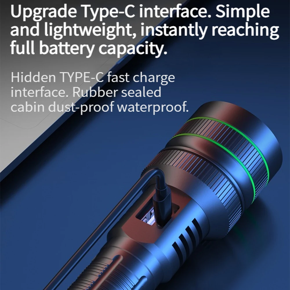 High Power LED Flashlight Spotlight Long Range Charging Zoomable Emergency Torch Flashlight Power Display Function without LOGO