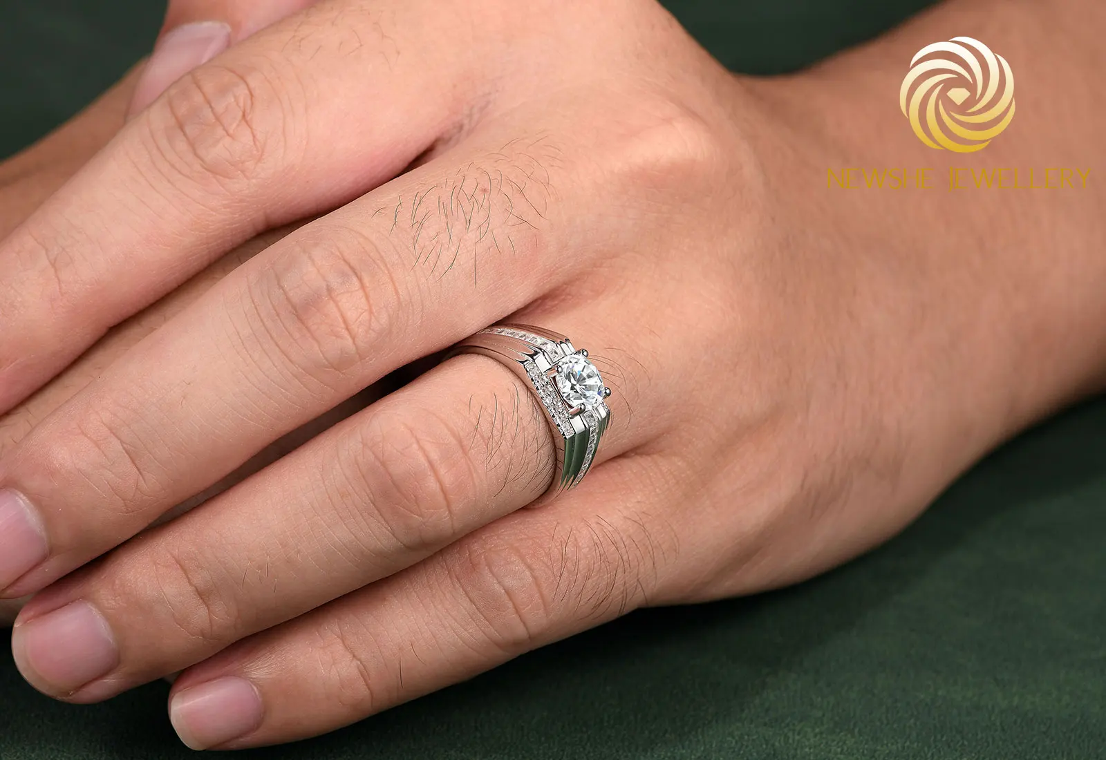 Newshe Genuine 925 Sterling Silver Wedding Rings for Men Moissanite 1.25Ct Round White Simulated Diamond Luxury Fine Jewelry