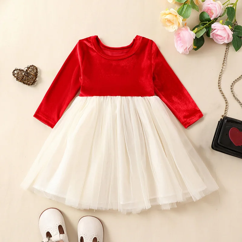 1-7Y Girl Fall Winter Patchwork Dress Velvet Long Sleeve Round Neck Tulle Mesh Dress Kids Girls Xmas Party Dresses Costume