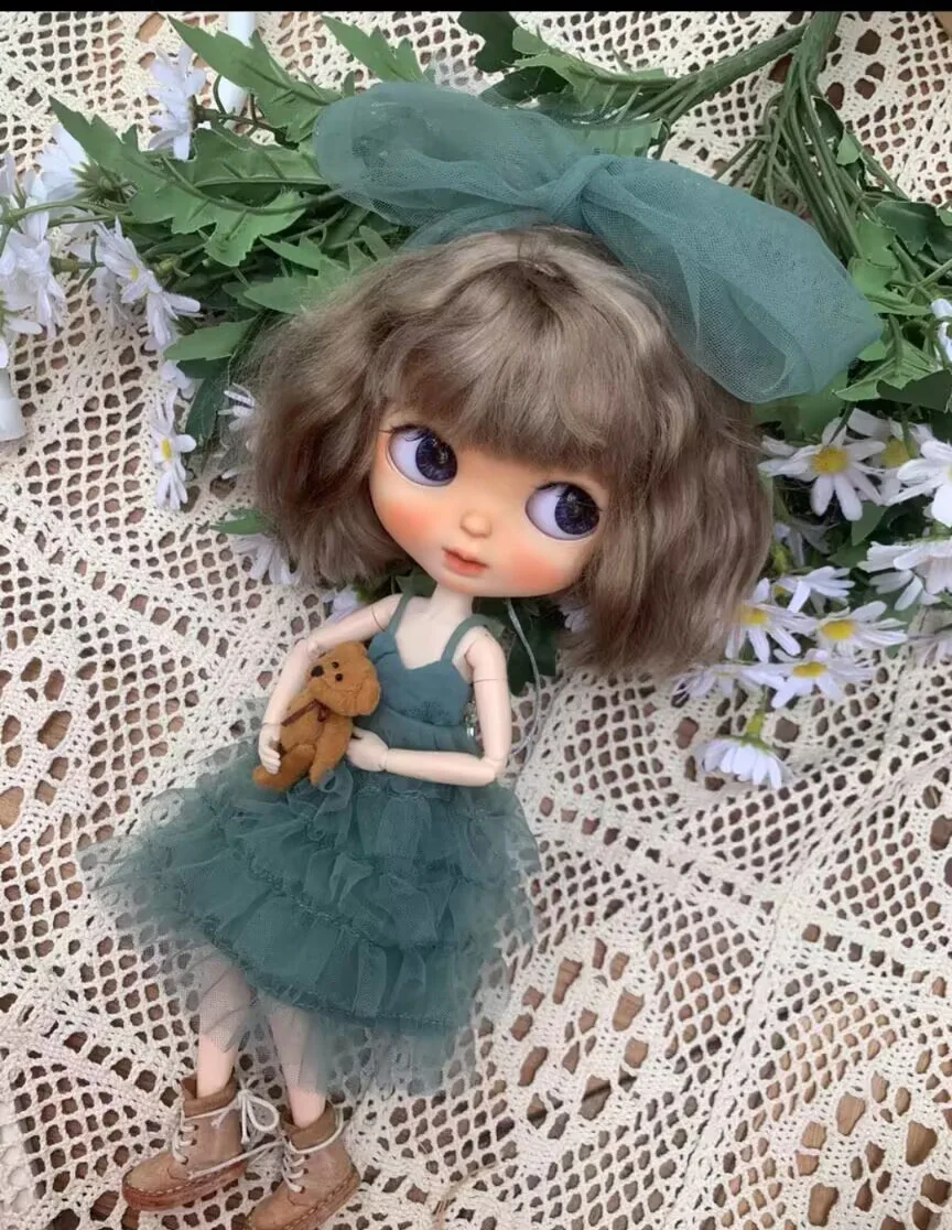 2025 2pcs French vintage Blythe Turquoise-green lace mesh Puff Dress+bow 1/6 30cm(Fit for  azone,Pullip,Ob22/24/26, Licca)