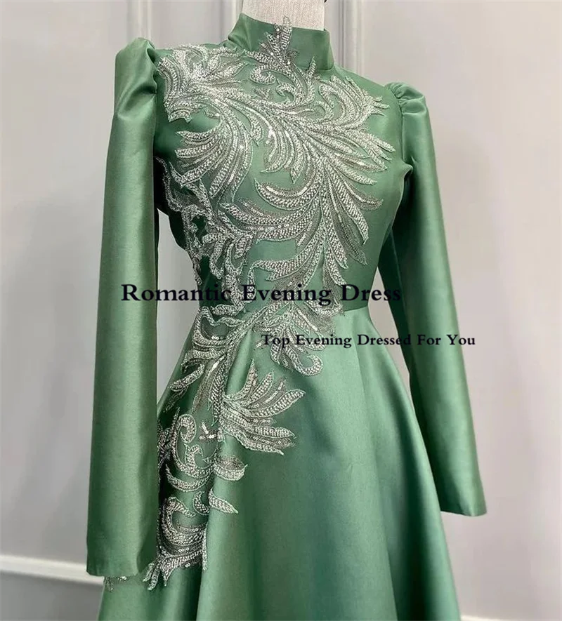 Romantic Green Morocco Evening Dress High Neck Full Sleeves With Appliques Saudi Arabia Long Prom Gowns Dubai Vestido de festa