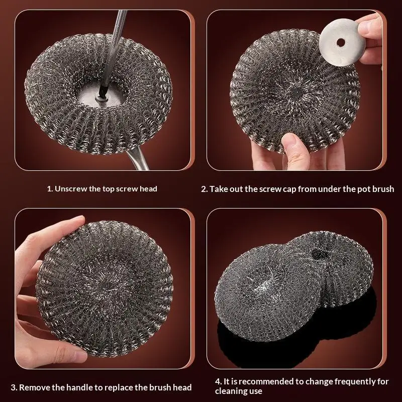~304 Stainless Steel Pot Brush With Replaceable Scrub Head Rust Resistant Handle For Kitchen Dish Pot Washing