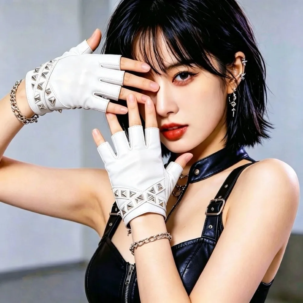 Punk Style Half Finger Gloves Faux Leather Material Half Finger Design Faux Leather Gloves Rivet Detail Fashion Gloves