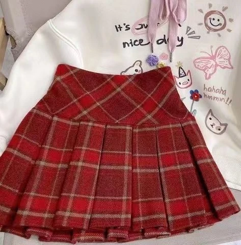 2024 Girls Short Skirt Woolen Autumn and Winter New Children Wear Checkered Half Skirt Fashionable Children Pleated Skirt