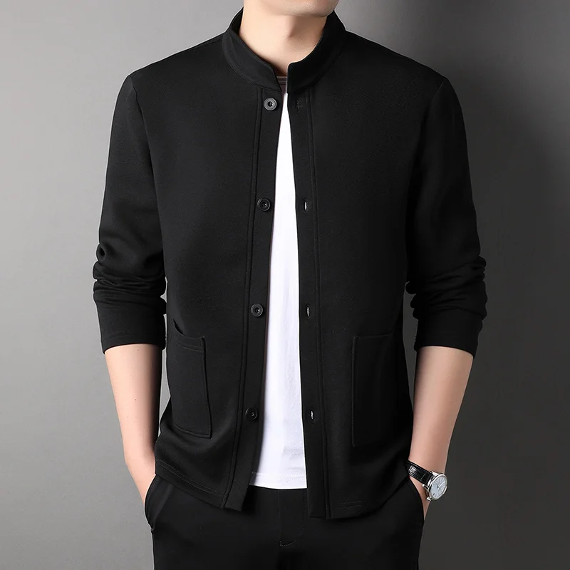 New Arrival Men\'s Solid Color Hoodless Cardigan with Single-breasted Button and Half-high Collar, Regular Fit Straight