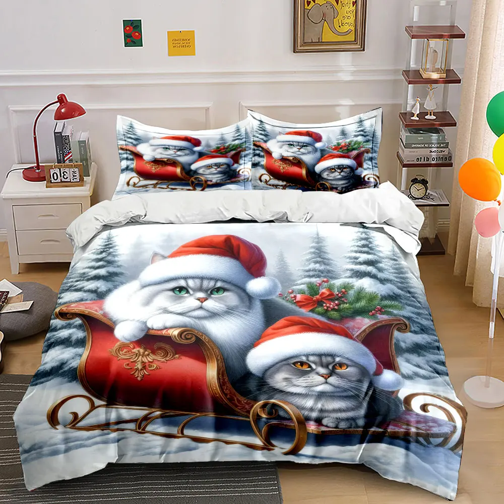 Two adorable cats in Christmas hats on a red sleigh Print Duvet Cover Bedding Set Included 1*Duvet Cover 2*Pillowcases