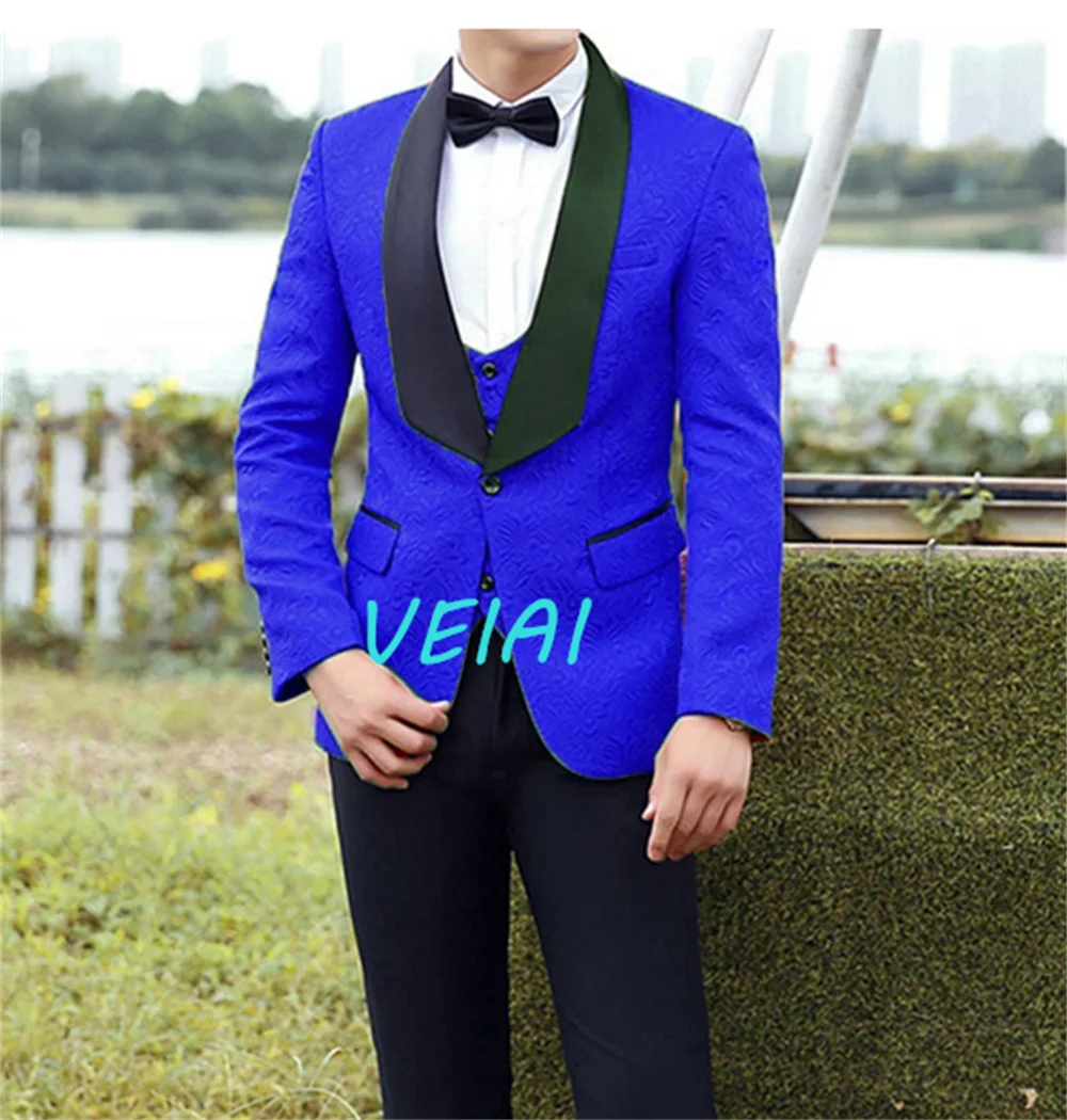 Trajes de boda de negocios informales para hombre, abrigo, chaleco, pantalones, cuello negro grande, patrón oscuro, Blazers, chaqueta, pantalones, conjunto de 3 piezas