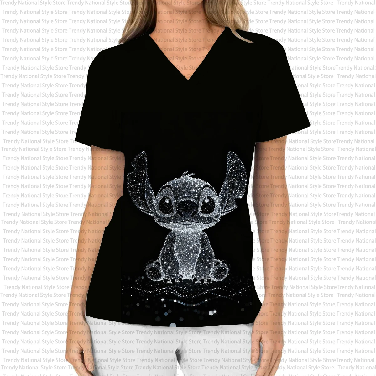 新しいディズニー スティッチ ナース 女性病院 ペットショップ Tシャツ、女性用看護師ユニフォーム プリント V ネック ナース フロストトップ