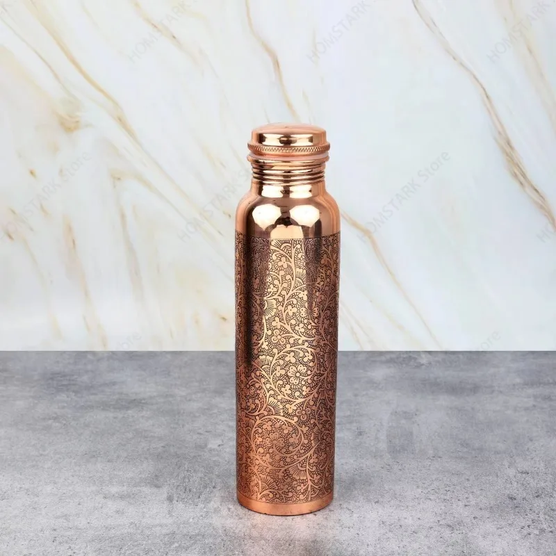 Brown Copper Custom Water Vessel, Etched Wood Grain 1000ml Bottle With Lid, Modern Design Made In India