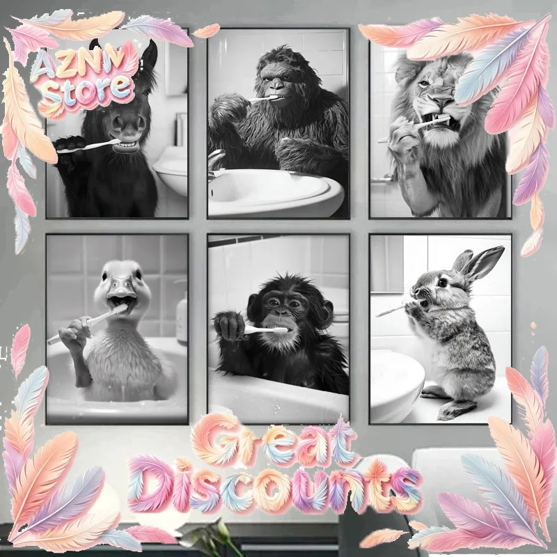 2026 Brushing Teeth Animal Art Poster Lion Monkey Horse Rabbit Dog Cat Eagle Funny Bathroom Wall Stickers Bathroom Animals