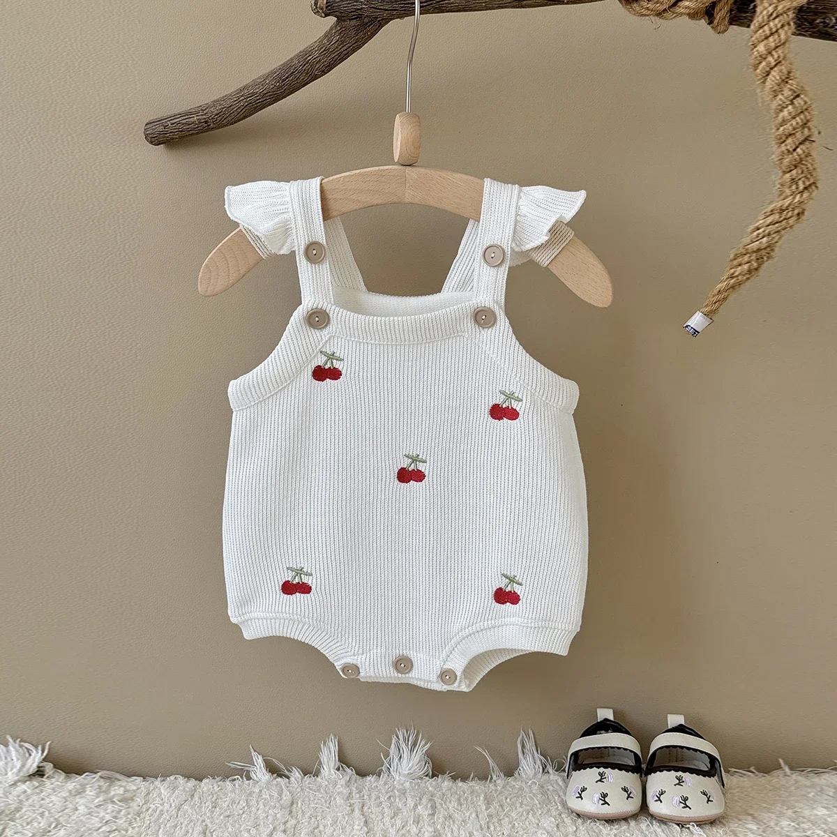Baby Girl Sleeveless Knit Overalls Romper, White Cherry Embroidery Bodysuit, Ruffle Strap Infant Bubble Triangle Jumpsuit