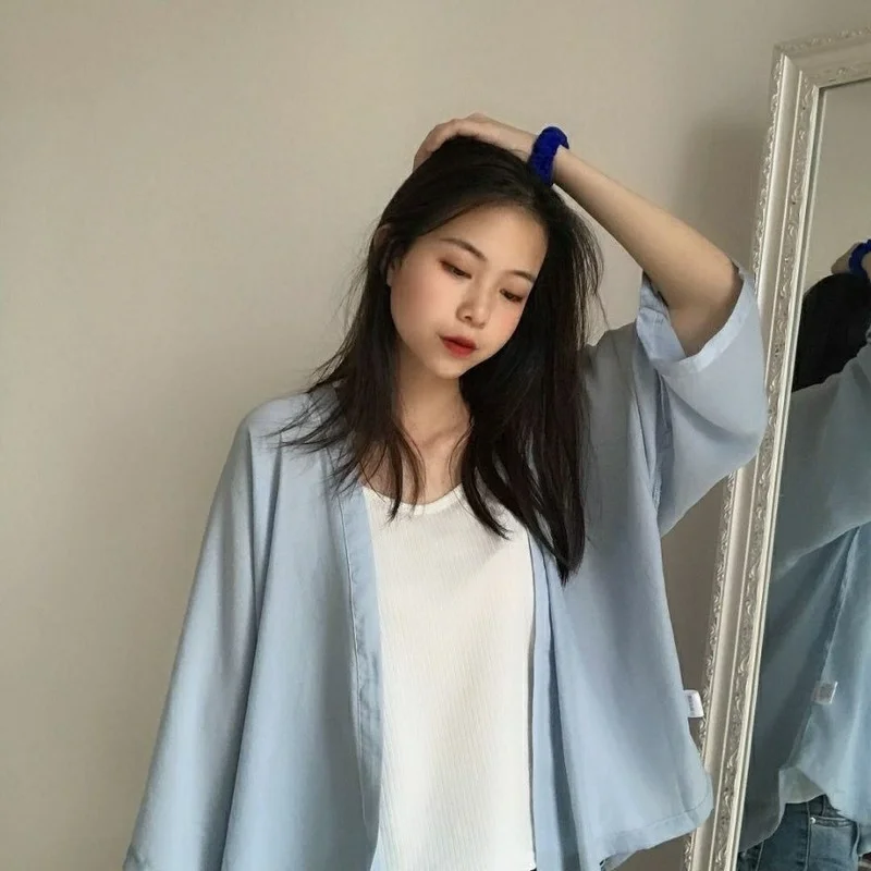 Shirts Women Hot Sale Loose 2021 Solid Open Stitch Ulzzang Ladies Tops Leisure Chiffon Long Sleeve All-match Sun-proof Summer