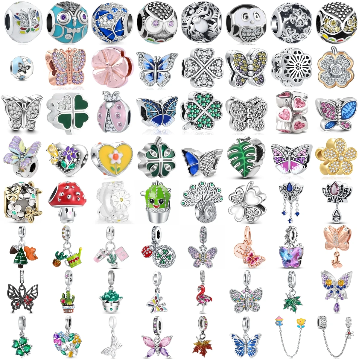 925 Sterling Silver Nature Butterfly Owl Four Leaf Clover Flower Cactus Ladybug Flamingo Mushroom Dangle DIY Jewelry Gift