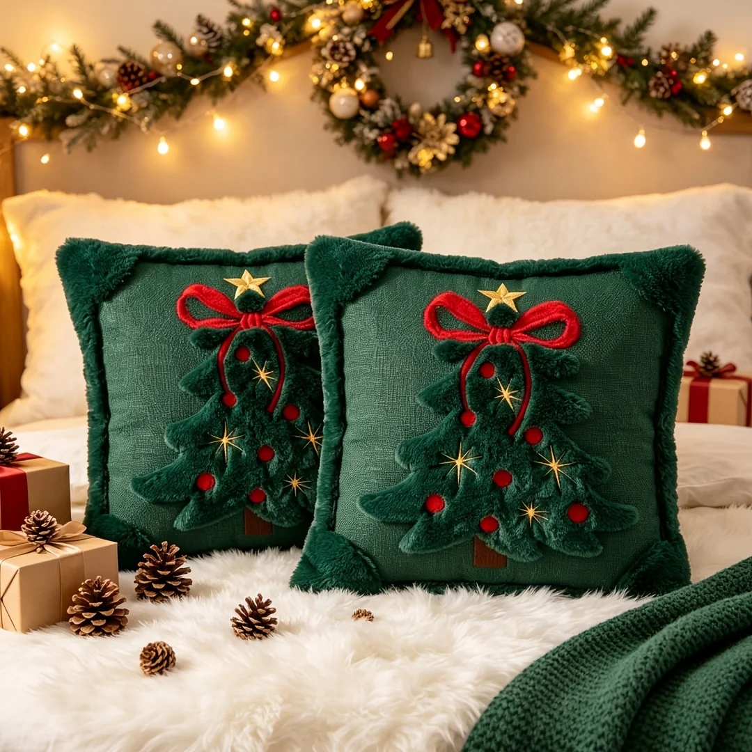 2PCS Plush Xmas Tree Bow Pillow Covers 18x18