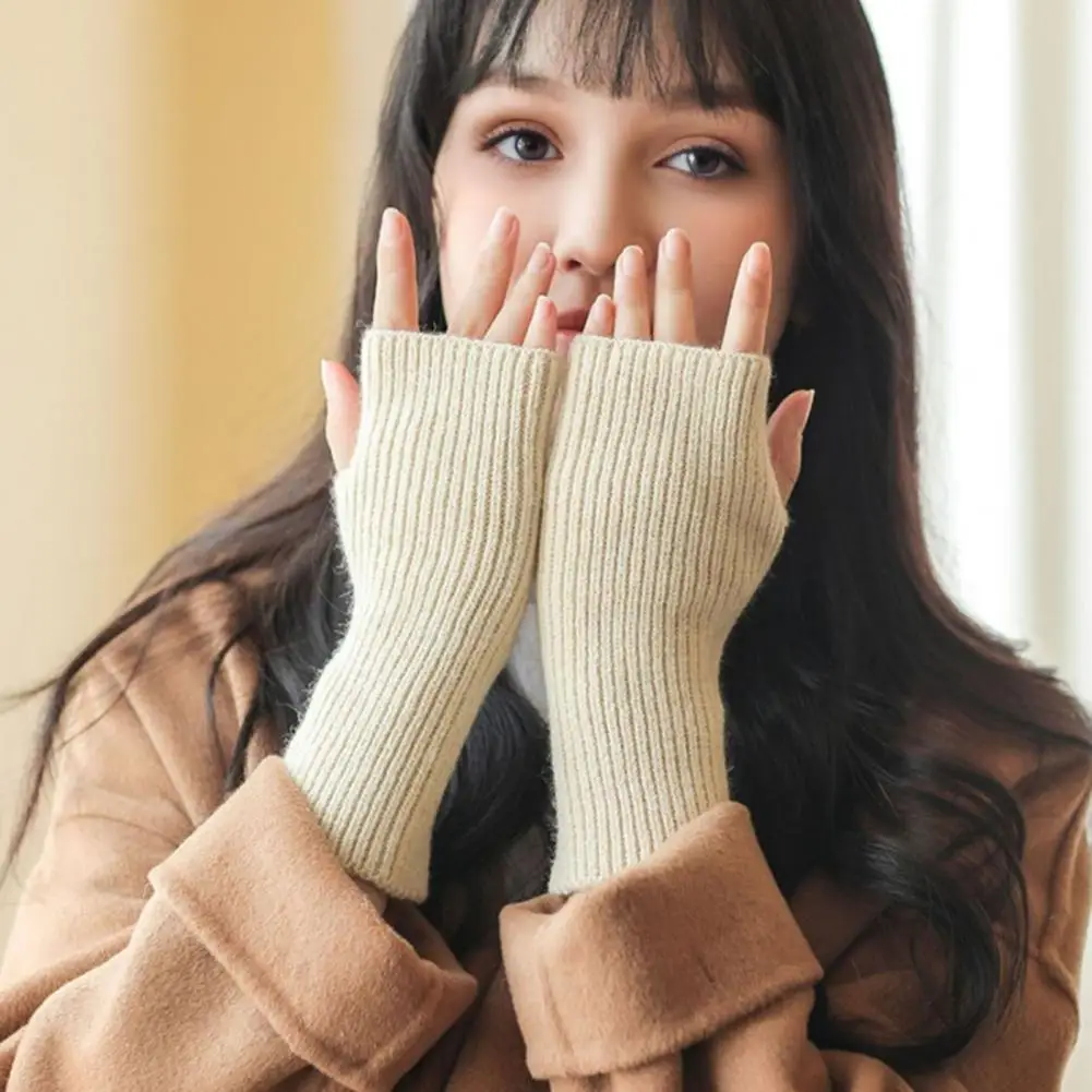 Warm Knitted Gloves Solid Color Wool Gloves Knitted Half-finger Gloves for Students Keep Warm Non-slip Arm Sleeves for Writing