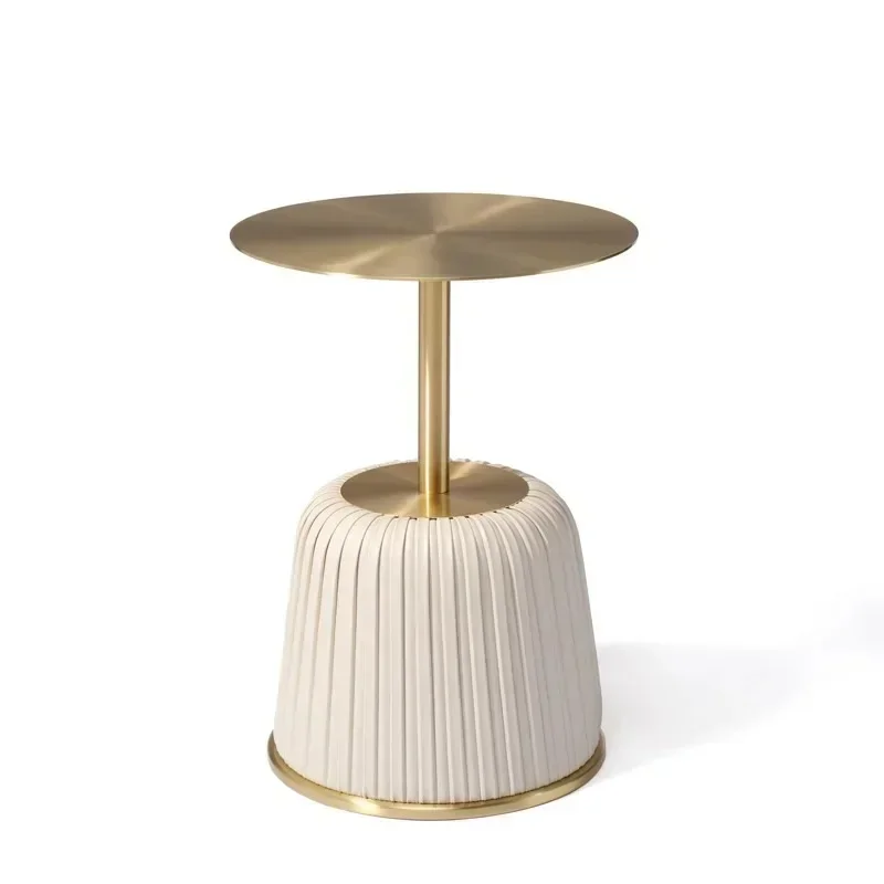 Italian minimalist style luxury living room corner table round small metal top side table with leather covered base