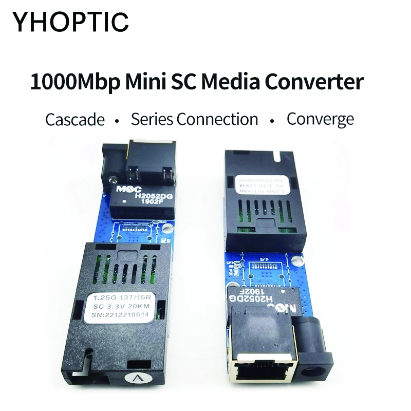 Gigabit Mini SC Converter PCBA Board, Optic Media Converter, A/B 1F1E, 1000Mbs, Single Mode, Simplex