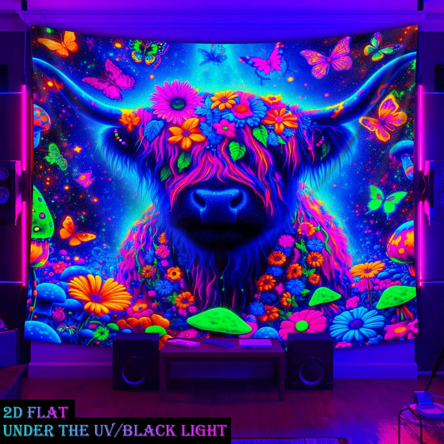 Psychedelic Black Light Tapestry Wall Hanging Neon Cow Floral Butterfly UV Reactive Rave Art Bohemian Room Decor Under Blackligh