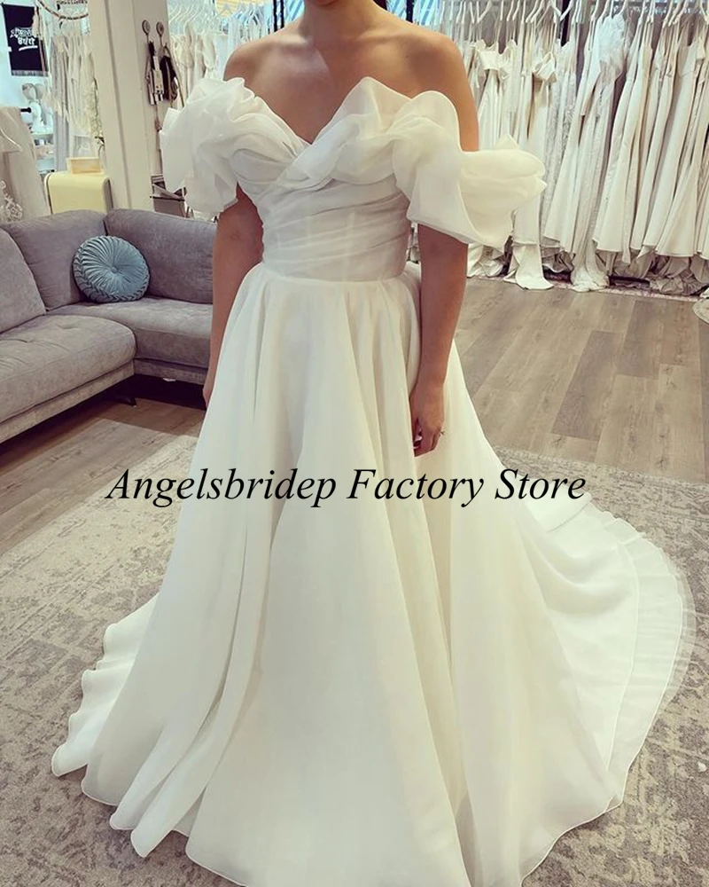 

Angelsbridep New Organza Long Wedding Dress Short Sleeves Off The Shoulder Country Princess Bride Bridal Dresse Robe De Mariée