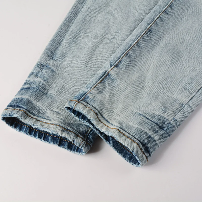 هاي ستريت أزياء الرجال الجينز الرجعية الضوء الأزرق الوردي مرقع تمتد نحيل صالح ممزق الجينز الرجال العلامة التجارية الهيب هوب Y2K الدنيم السراويل
