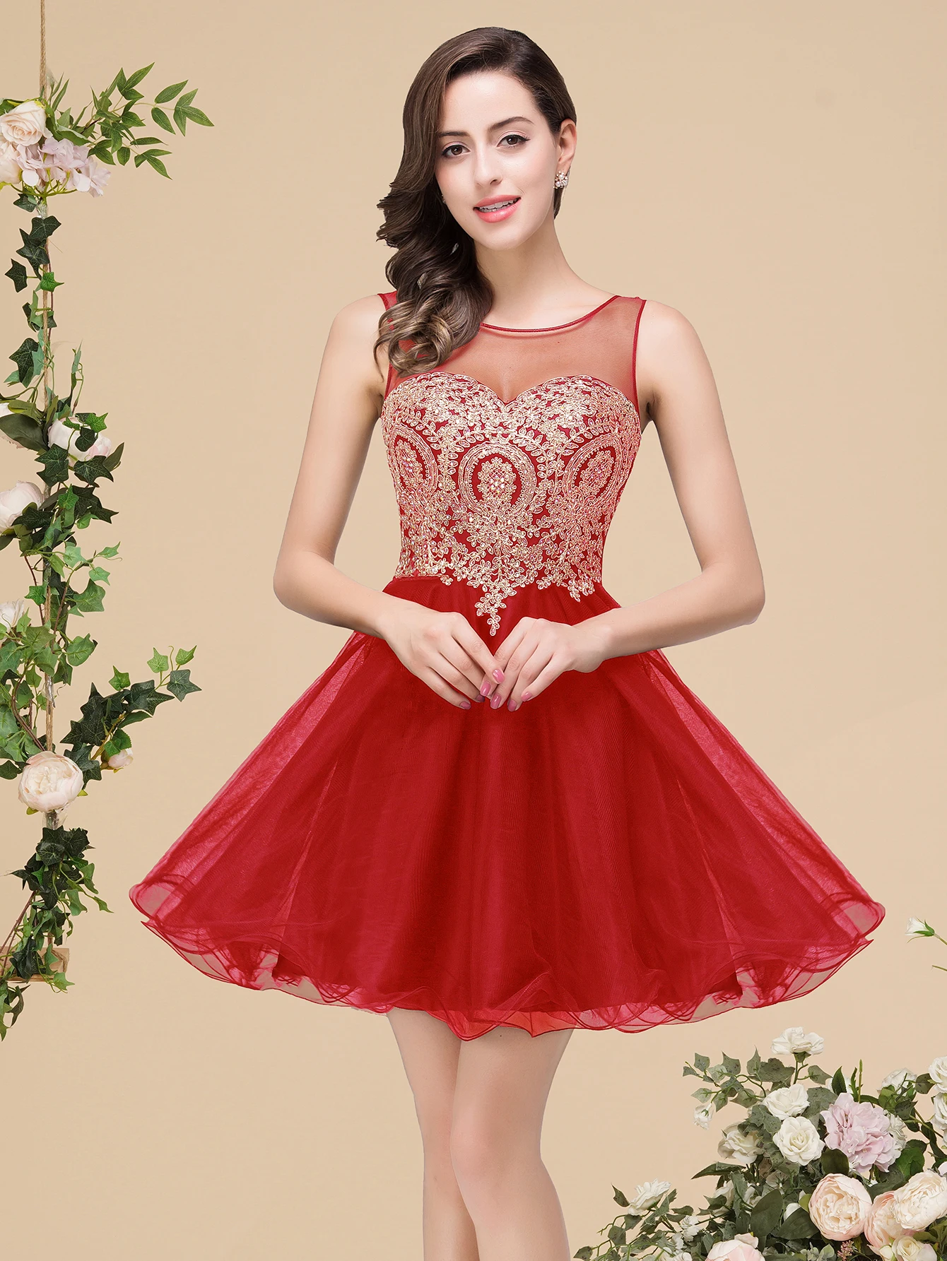 

Robe De Soirée Women Short Homecoming Dresses Golden Appliques A-Line Illusion Neck Fashion Mini Prom Party Gowns CPS362