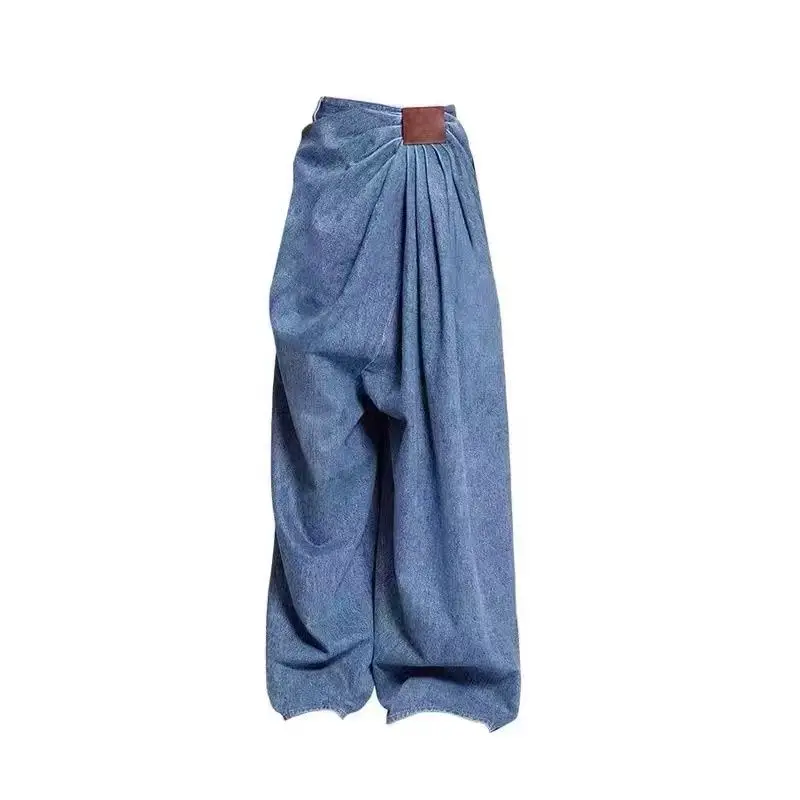 

Vintage Washed Draped Jeans Women Denim Wide-leg Pants Pleated Plus Size Unique Floor-length Pants Y2k Straight-leg Pants New