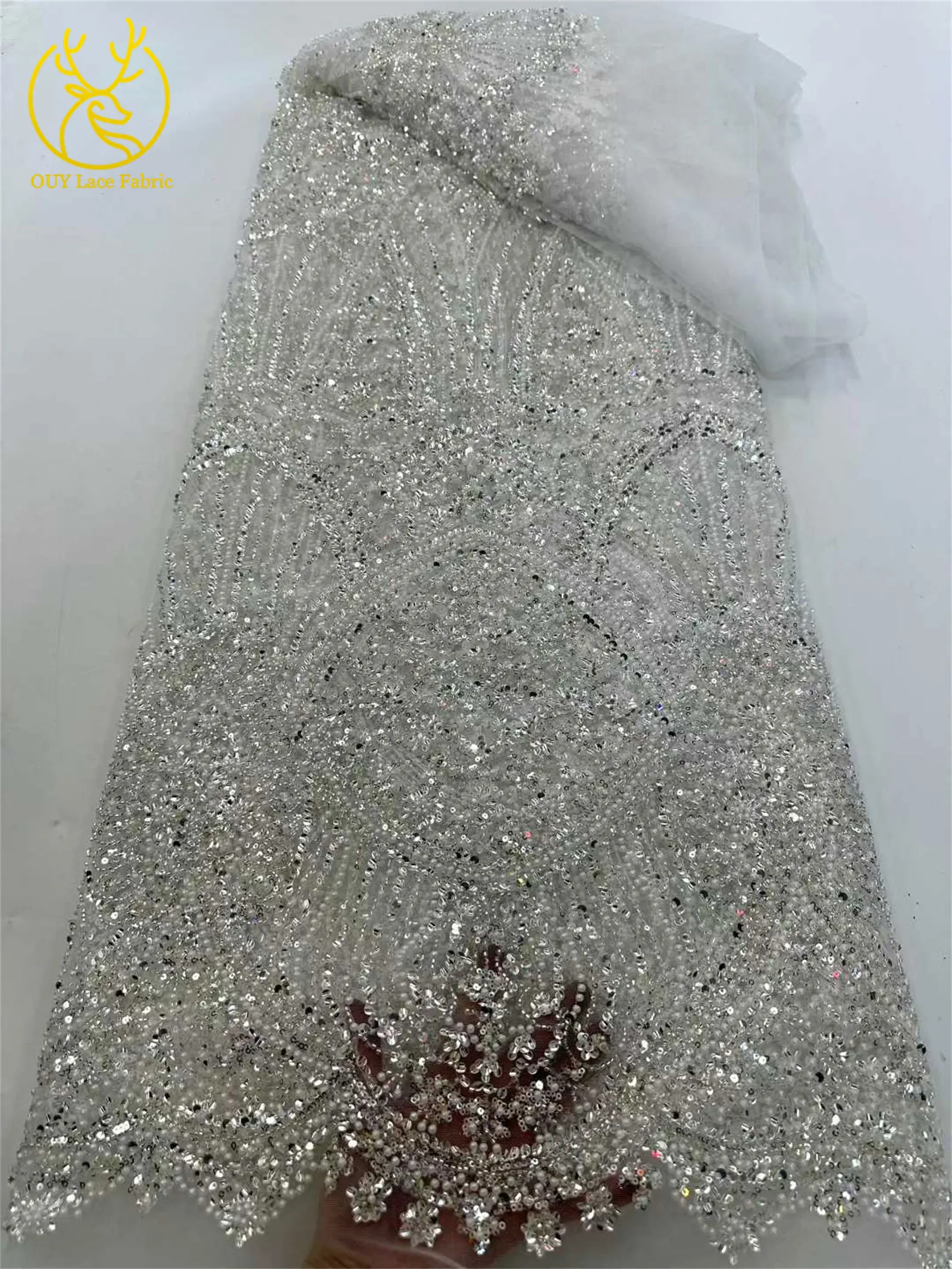 Luxuriöser afrikanischer handbestickter Tüll-Spitzenstoff 2026, hochwertiger nigerianischer Pailletten-Spitzenstoff, geeignet für Partykleid-Nähmaterial – Detail 9