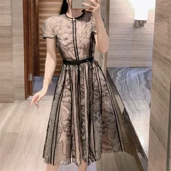 2024 New Runway High Quality Summer Party Dress Women O Neck Mesh Lace Spliced Embroidery Flower Hollow Out Pleated Midi Vestido