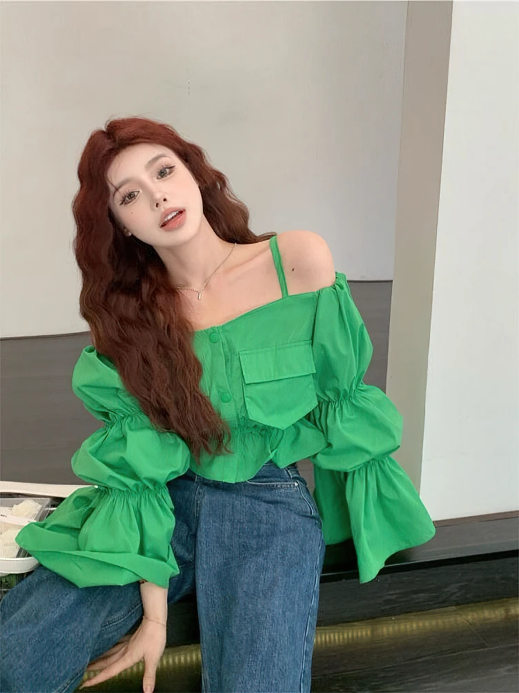 Low Cut Off shoulder Youth Elegant Blouse Women Designer Sweet Puff sleeve Crop Top Ruffles Korean Pocket Button Short Shirts