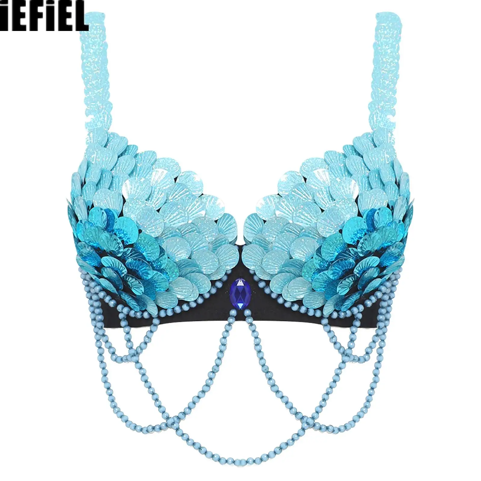 

Womens Belly Dance Bra Fish-scale Sequins Playful Decor Push-up Underwire Bralette Balconette Top for Dancing Mermaid Cosplay
