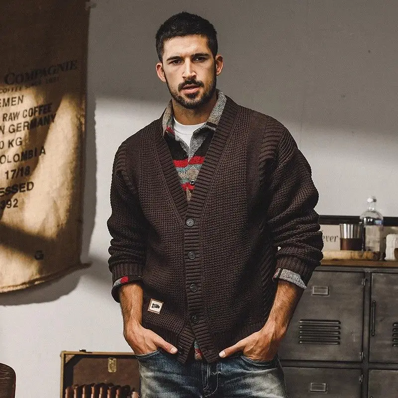 

Винтажный свободный мужской вязаный кардиган с V-образным вырезом, зимняя верхняя одежда, повседневный, мягкий, из полиэстера, с длинными рукавами, модный
