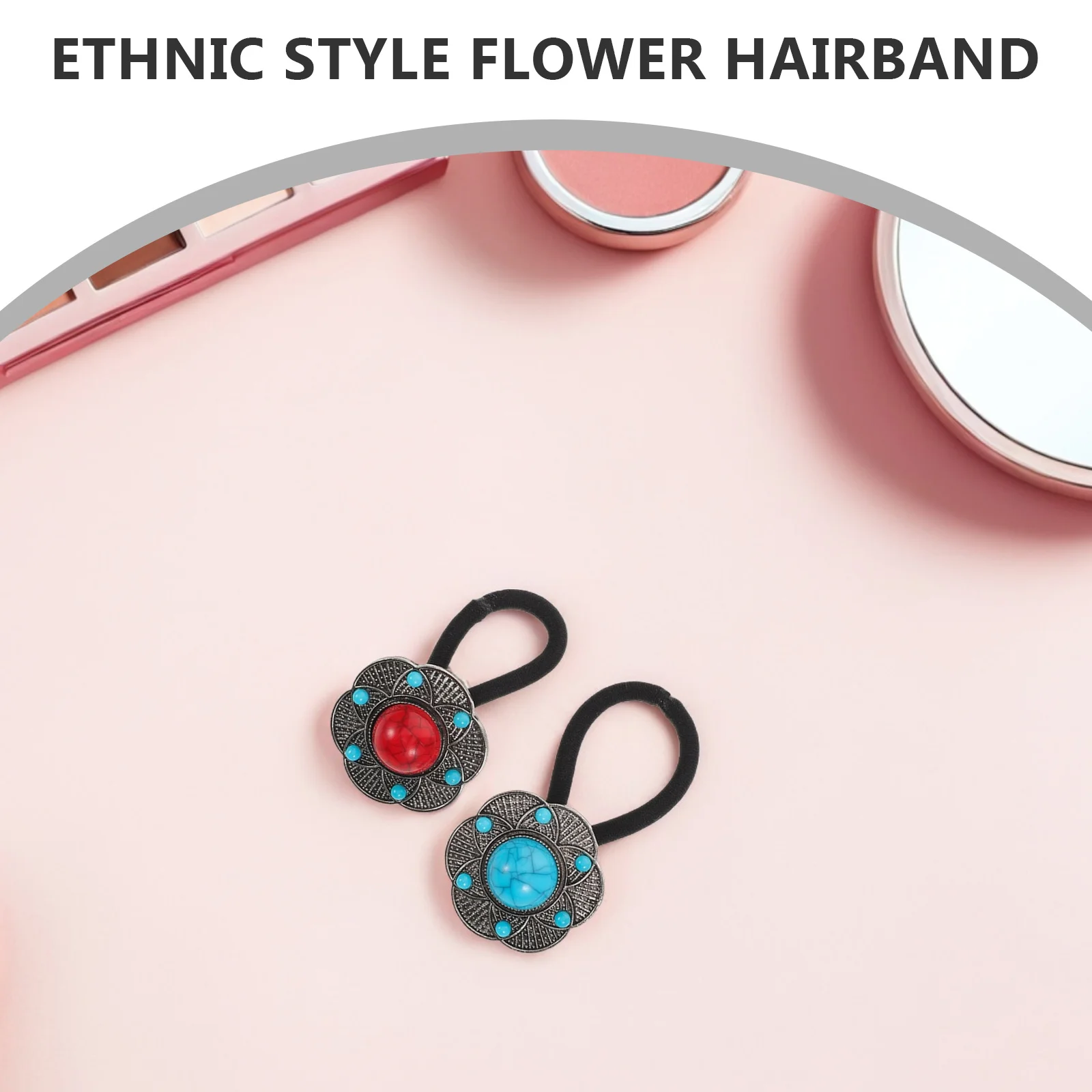 

4pcs Bohemian Ethnic Hair Ties For Women 2 Blue 2 Red Flower Elastic Bands Soft Rope Ponytail Holders Handmade Floral