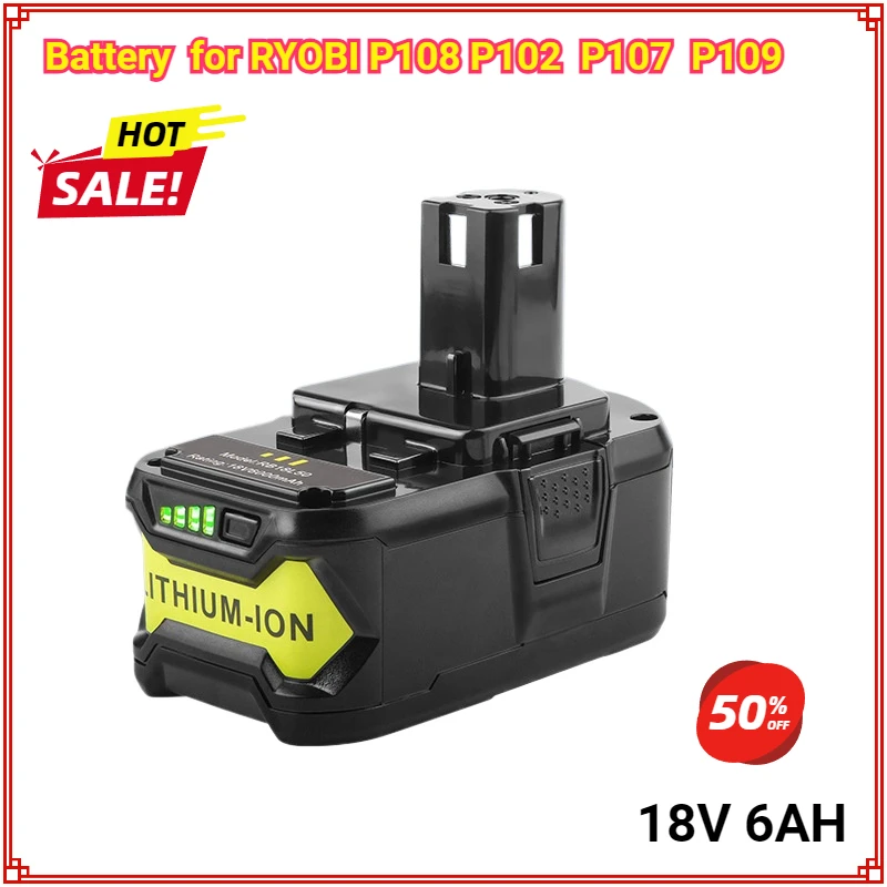 

For RYOBI P108 6Ah 18V One+ Plus Battery 18 Volt Lithium-Ion Power Tools P104 P107 P108 RB18L20 RB18L50 BPL18151 P103 Battery