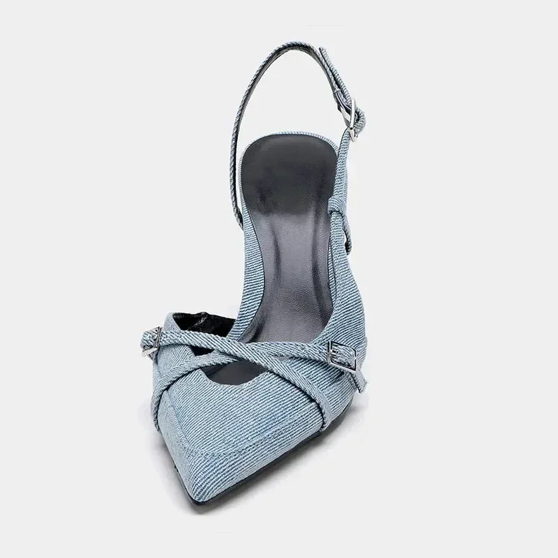 Sexy Pointed Toe High Heel Sandals for Lady Blue Denim Stilettos Fashion Buckle Strap Elegant Women's Shoes 2025 Summer Footwear image 4