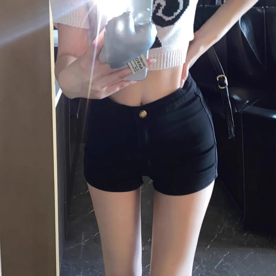 

High Waist Slimming Denim Shorts Women's Summer 2025 Sexy Black Elastic Fitting Hot Pants Straight Leg Zipper Closure Jeans